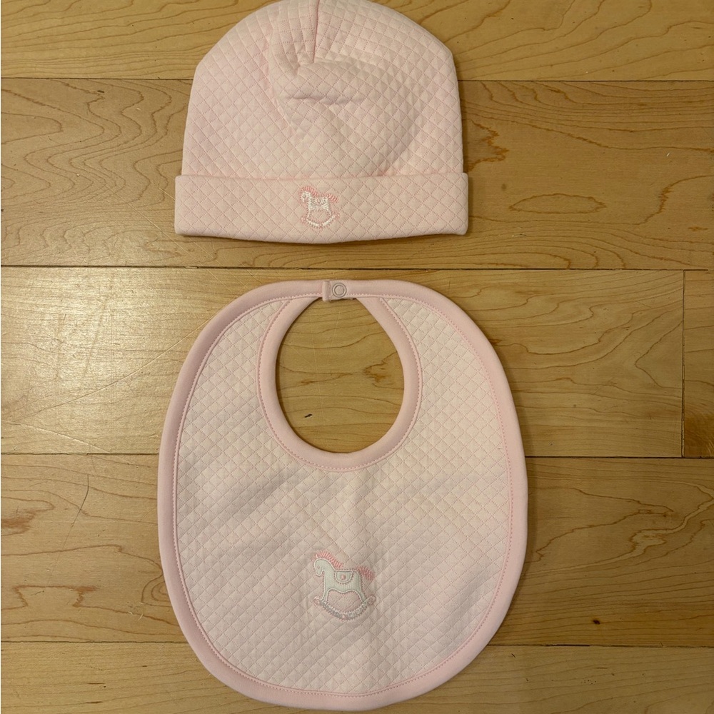 NWT Kissy Kissy Pink Quilted Baby Hat and Bib Set